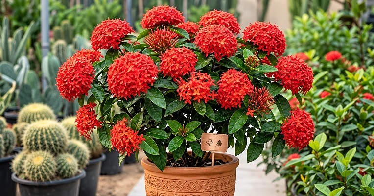 ixora shrub in an outdoor office courtyard